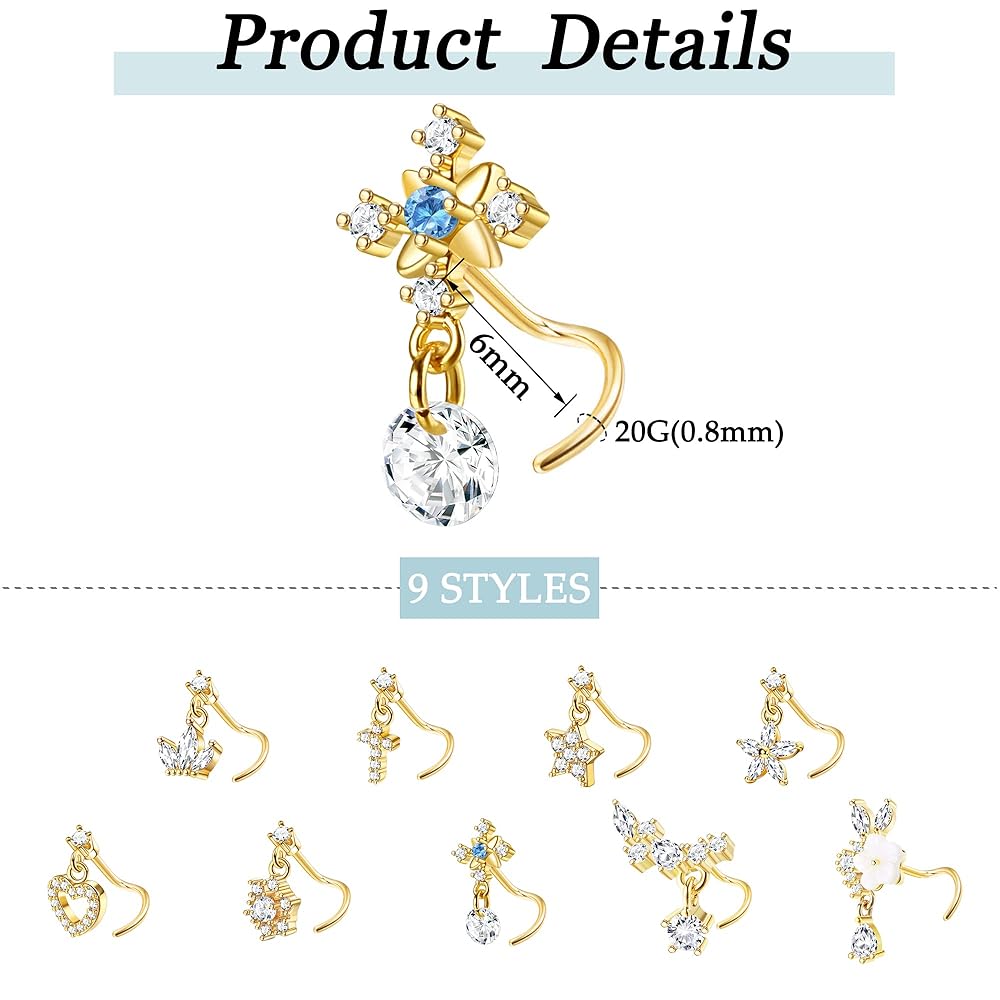 Amazon.com: ORAZIO 9 PCS Dangle Nose Rings - L Shaped for